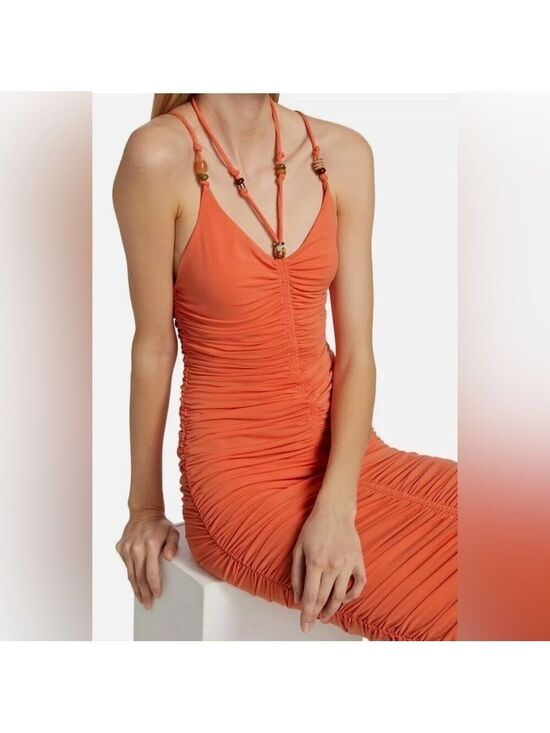 A.L.C. Dresses & Skirts - A.L.C. Allegra Ruched Embellished Halter Bodycon Sangria Orange Midi Dress Small